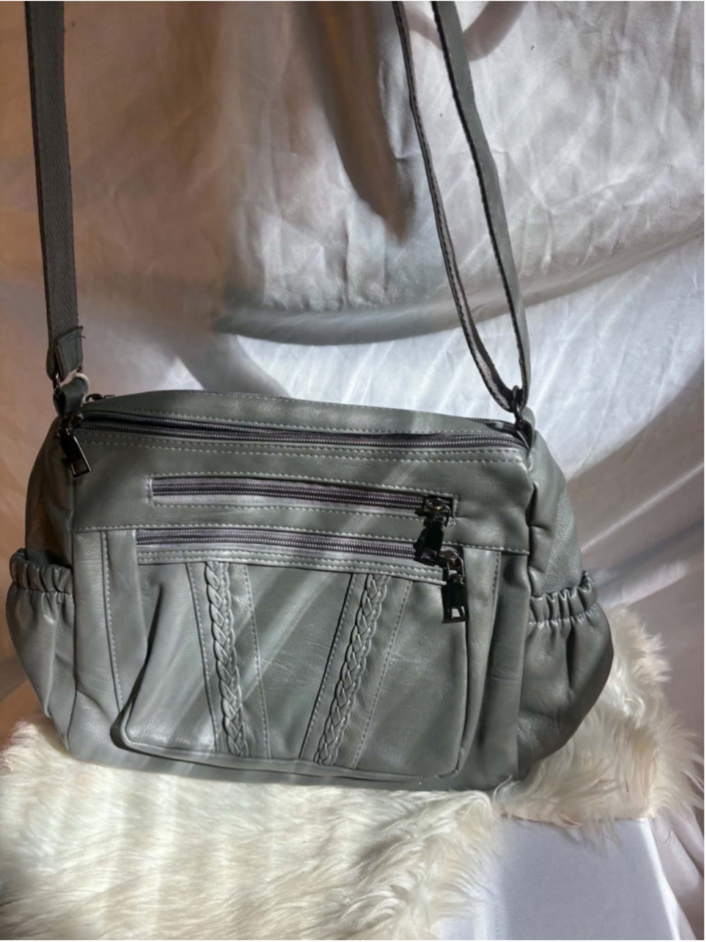 Elda Grey Multi Pocket Waterproof Vegan Leather Crossbody Bag NWT Medium